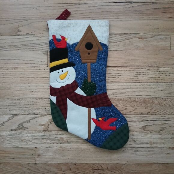 Quilt Christmas Stocking with Snowman Birdhouse Cardinals Holiday Decoration - Picture 2 of 6